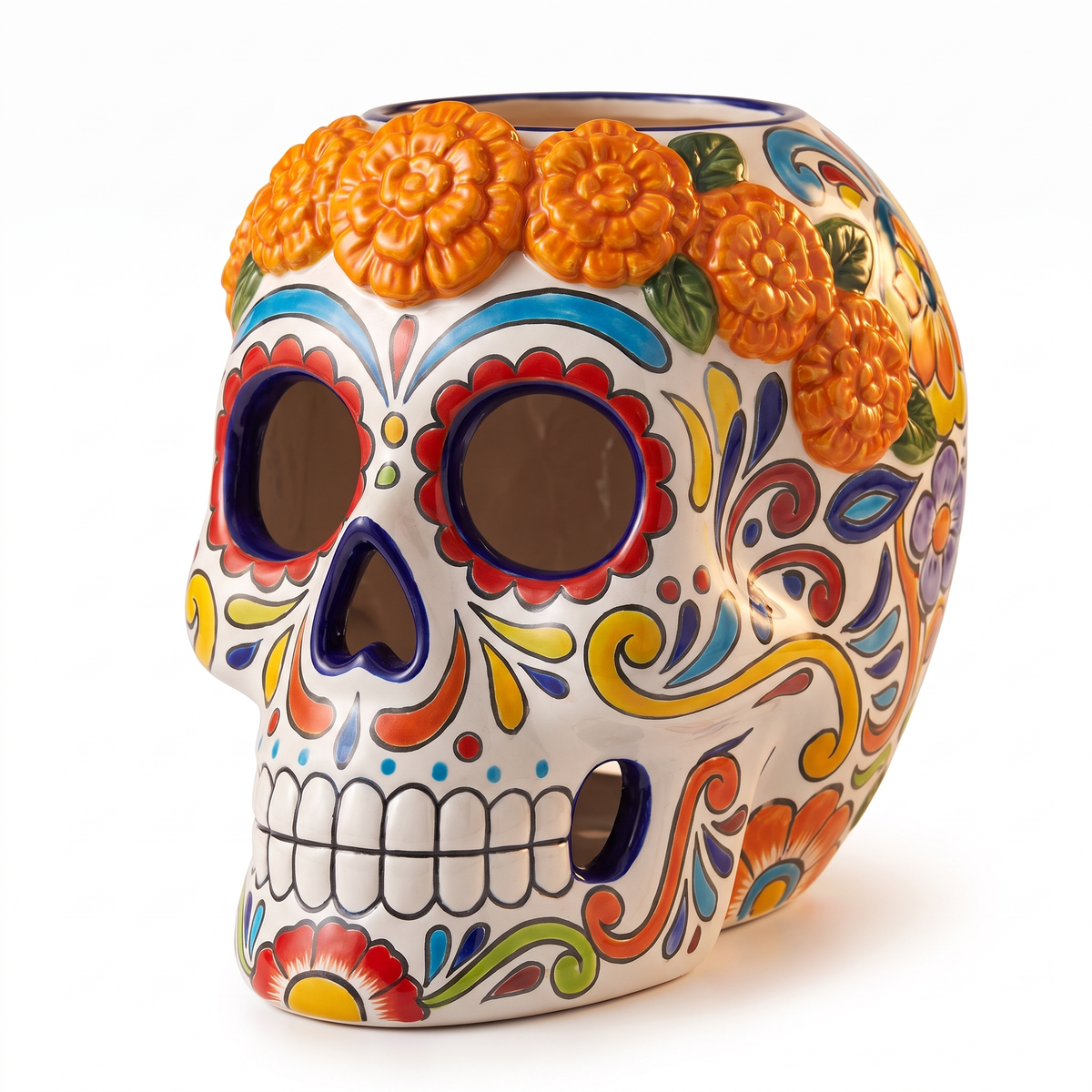 Portavelas Día de Muertos - Calavera con Cempasúchil, Luz Cálida