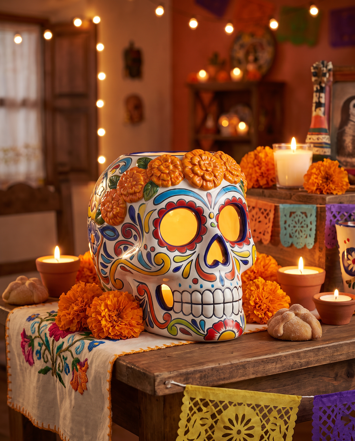 Portavelas Día de Muertos - Calavera con Cempasúchil, Luz Cálida