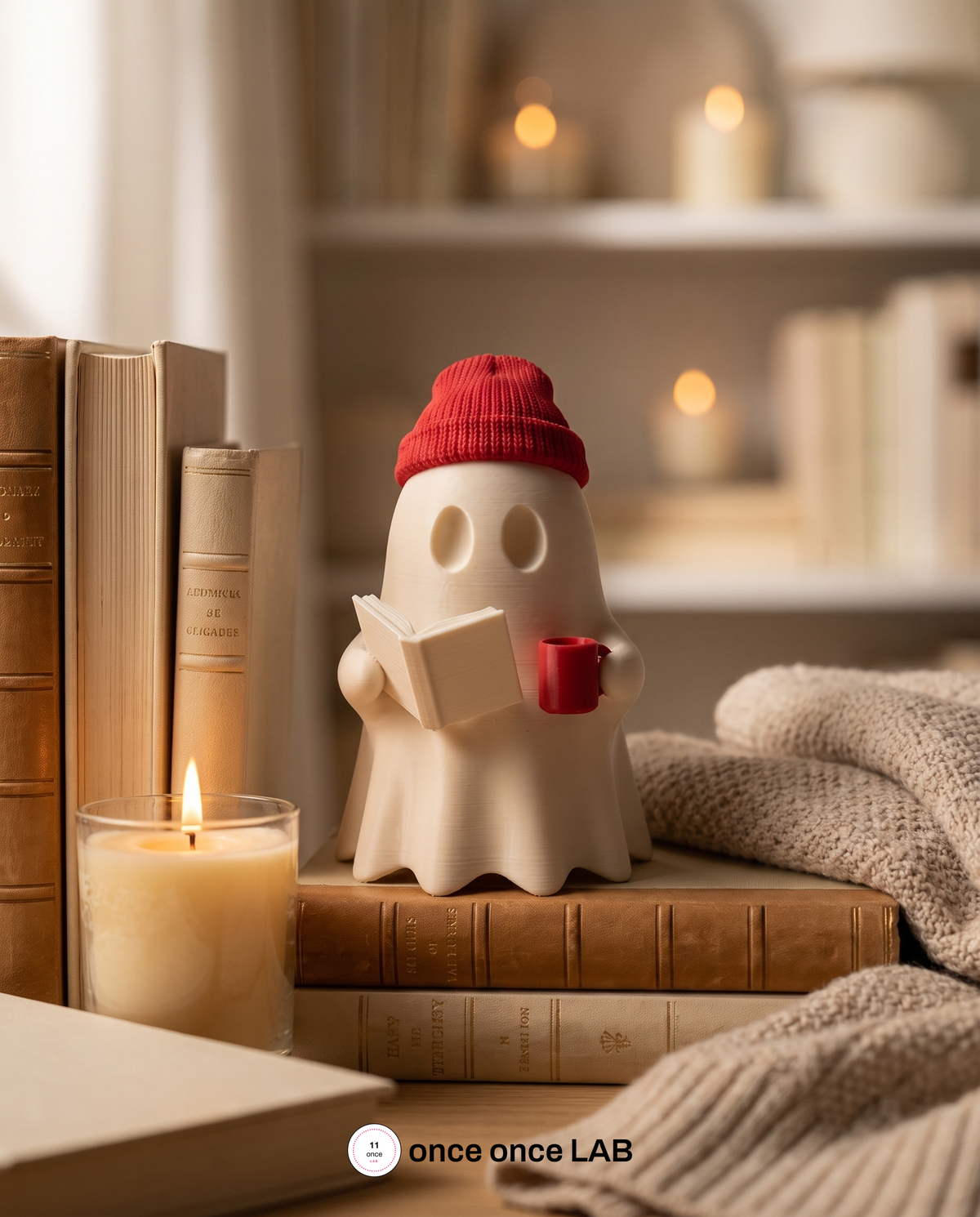 Fantasma Lector con Gorro — Figura Decorativa