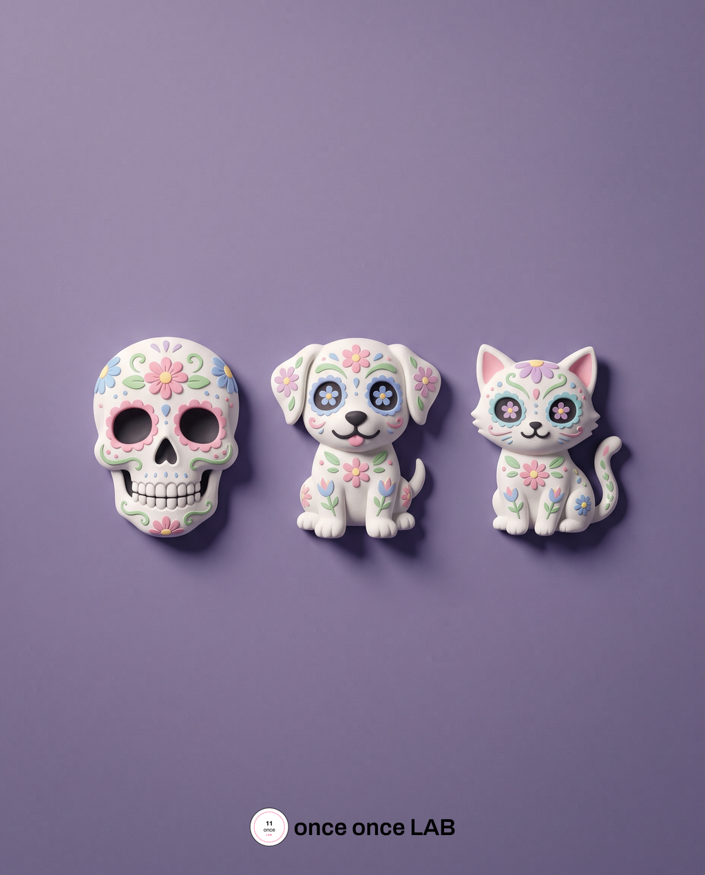 Set de 3 Imanes Calaveritas Día de Muertos — Cráneo, Perro y Gato