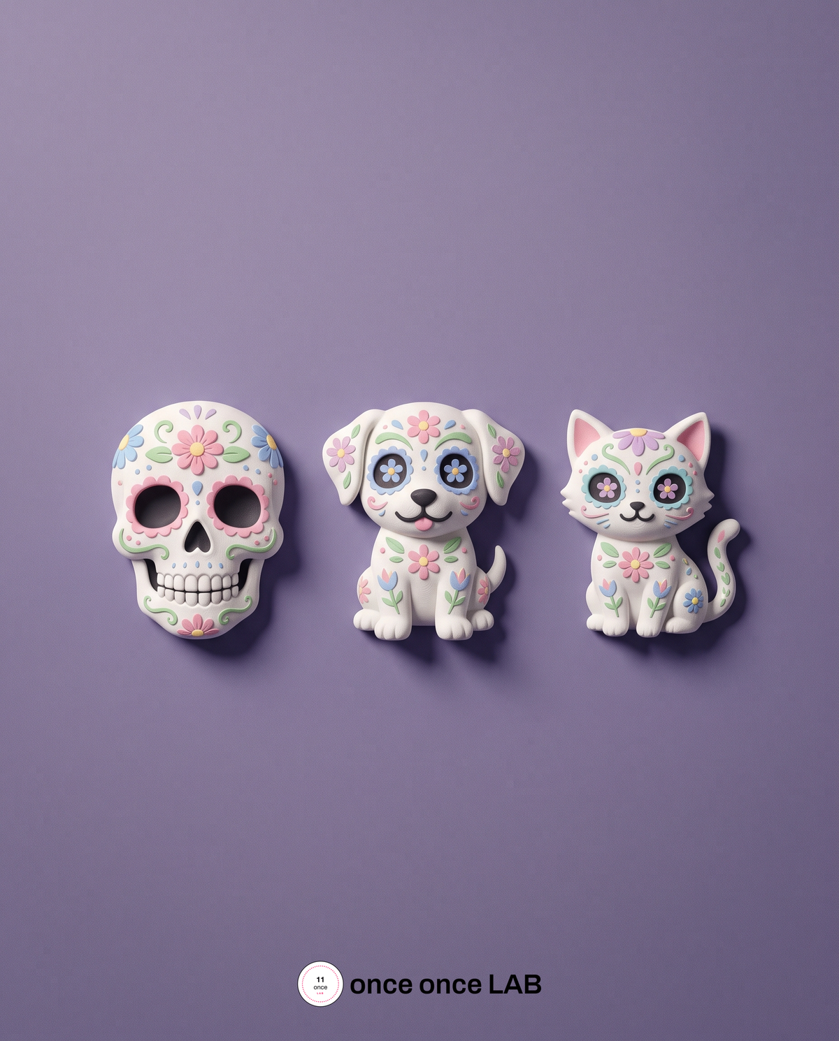 Set de 3 Imanes Calaveritas Día de Muertos — Cráneo, Perro y Gato