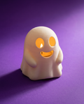 Portavelas Fantasma Sonriente — Luz Cálida de Halloween