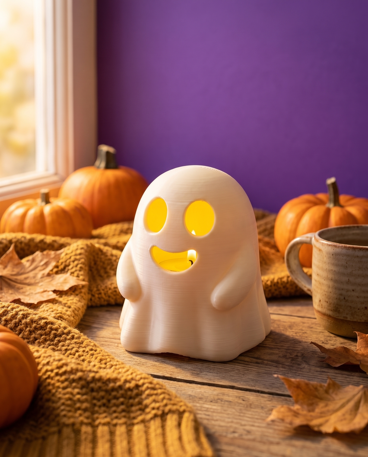 Portavelas Fantasma Sonriente — Luz Cálida de Halloween