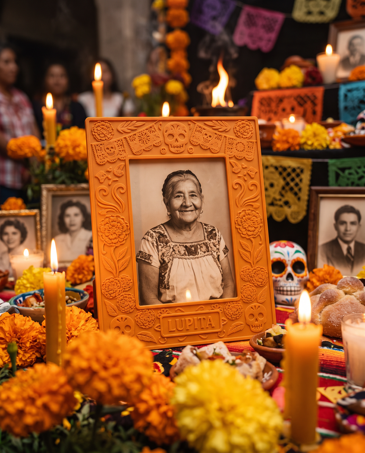 Portarretrato Día de Muertos con Cempasúchil y Papel Picado
