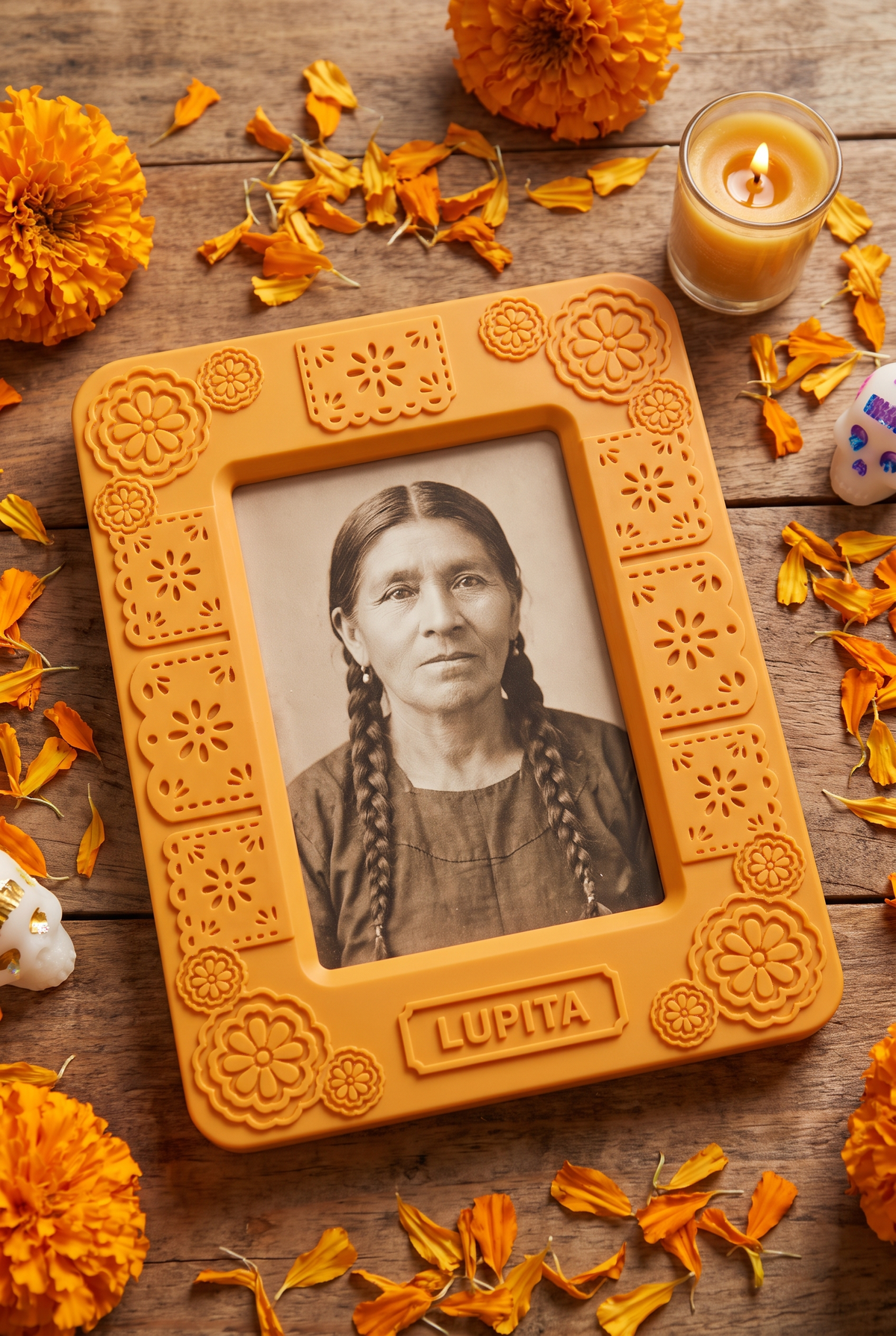 Portarretrato Día de Muertos con Cempasúchil y Papel Picado