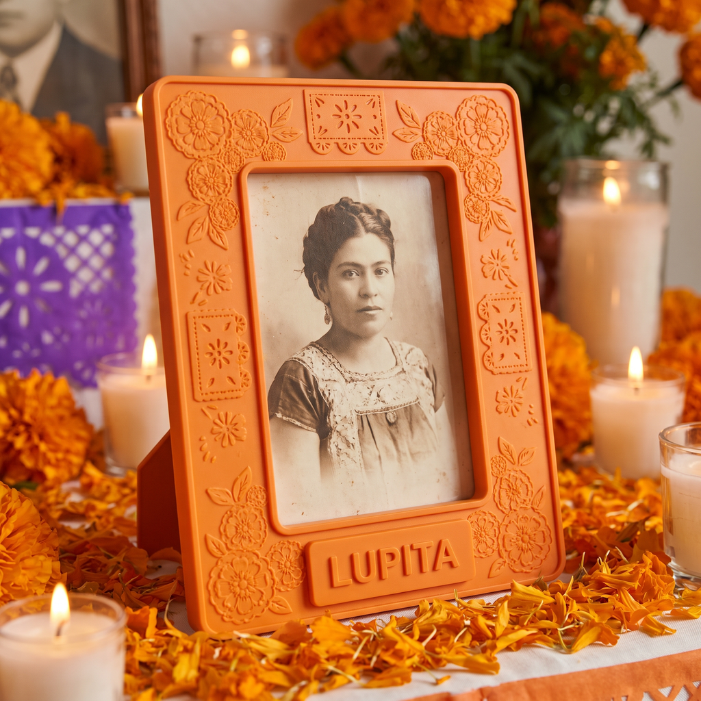Portarretrato Día de Muertos con Cempasúchil y Papel Picado